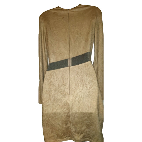 Va Va Voom Dress BODYCON Beige See-thru Mesh Panels Faux Suede Vintage Y2K M - Picture 9 of 15